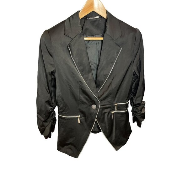 Black Satin Jacket with Zipper Details and Ruched Sleeves - Picture 3 of 9